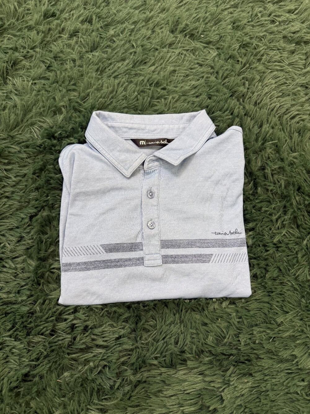 Travis Mathew Men's Polo Shirt Size M Light Blue Performance Golf Striped Logo